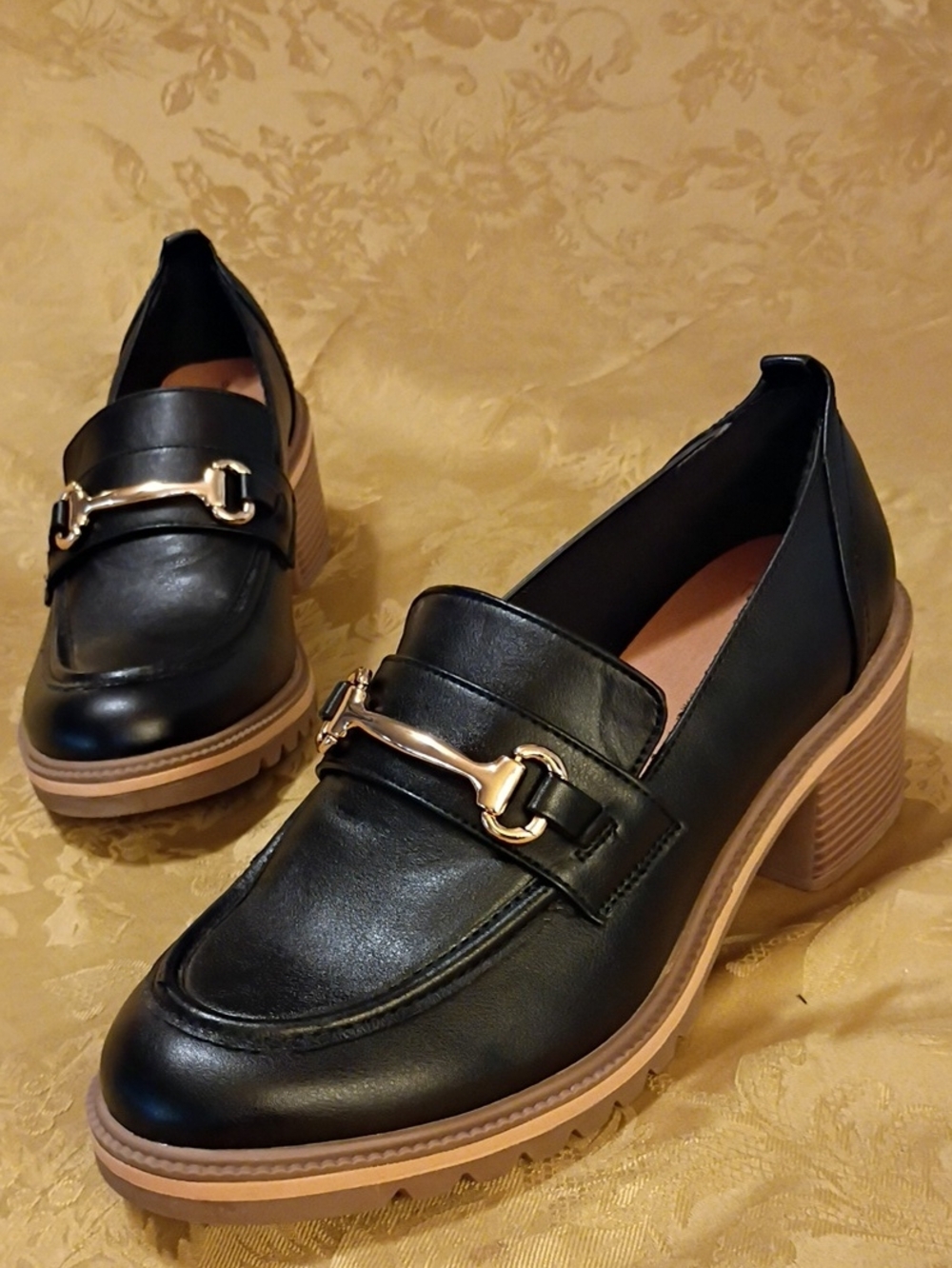 Time and Tru, Black Block Heel Loafers with Gold Accent Memory Foam Women's 9.0